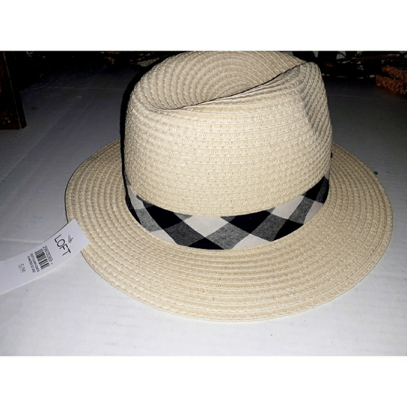 Loft Tan Packable Straw Fedora Hat - Plaid Bandage - Picture 3 of 15
